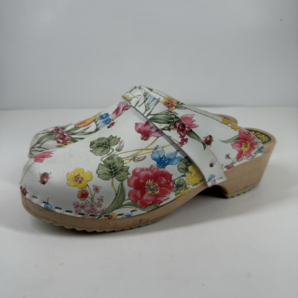Vintage Torpatoffeln Women's US 6.5–7/37 Multi Floral Swedish Wooden Clog Mules